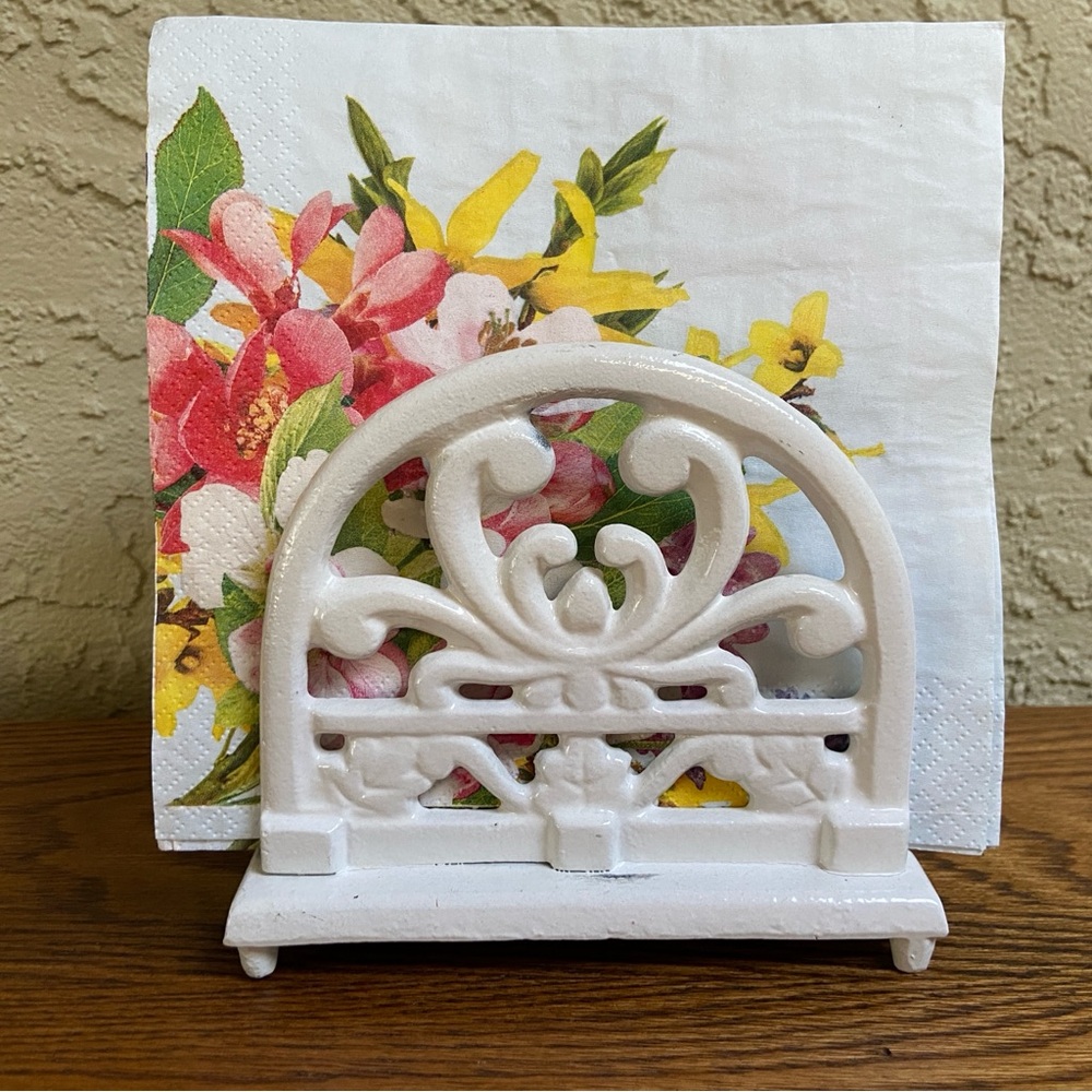 Vintage Cast Iron Enamel Footed Napkin or Mail Holder  - White - 5.5” x 4.75”